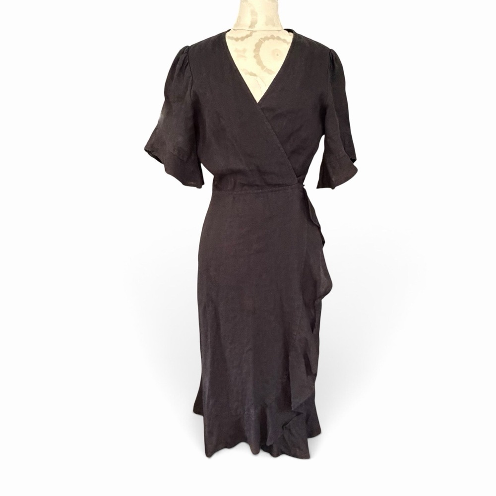 Honorine Linen Short Sleeve V Neck Wrap Midi Dress Black Large Classy Casual